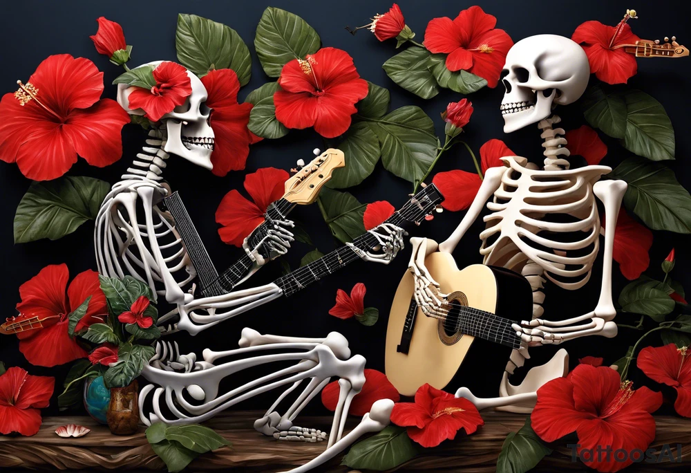 a female skeleton holding a hibiscus flower and a male skeleton playing a guitar. The scene should capture a moment of connection between the two, with the female skeleton attentively listening to the music played by the male skeleton. Emphasize the details of the hibiscus flower,  and the fluidity of the music being played on the guitar. tattoo idea