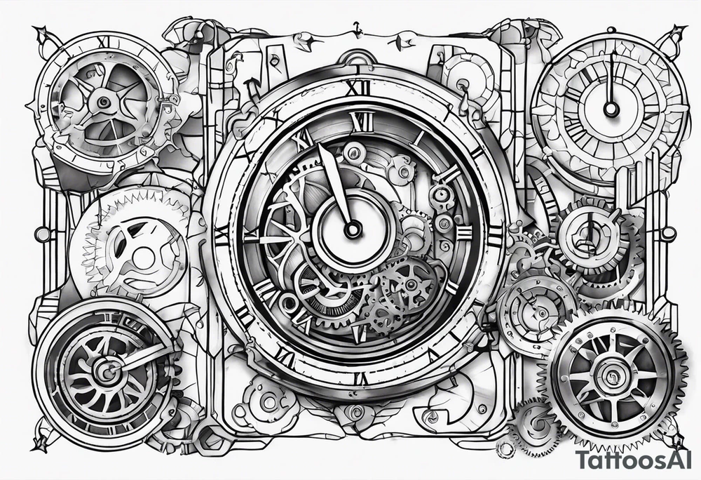 steampunk clock and machine parts tattoo idea