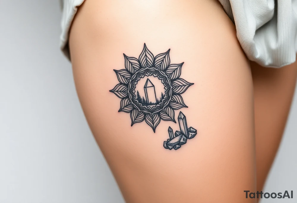 psychedelic mandala tattoo with crystals and nature scene tattoo idea