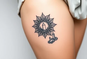 psychedelic mandala tattoo with crystals and nature scene tattoo idea