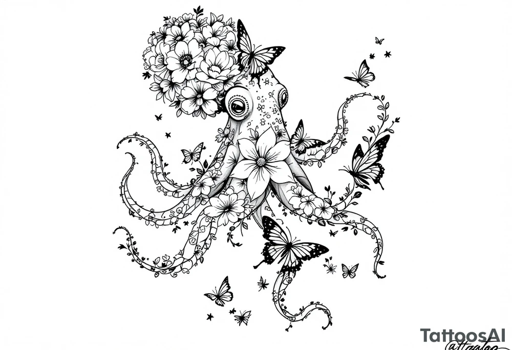 A fine-line tattoo design of a single octopus made entirely of flowers and butterflies. The octopus’s tentacles are shaped like flowing floral vines with leaves and petals, and its body is composed of overlapping blossoms and butterfly wings. The style is minimalist, elegant, and nature-inspired, with delicate black and grey lines, soft shading, and no outlines. No aquatic or marine elements besides the floral octopus. The design flows organically down the upper arm or shoulder, with a light, airy, and poetic feel. tattoo idea