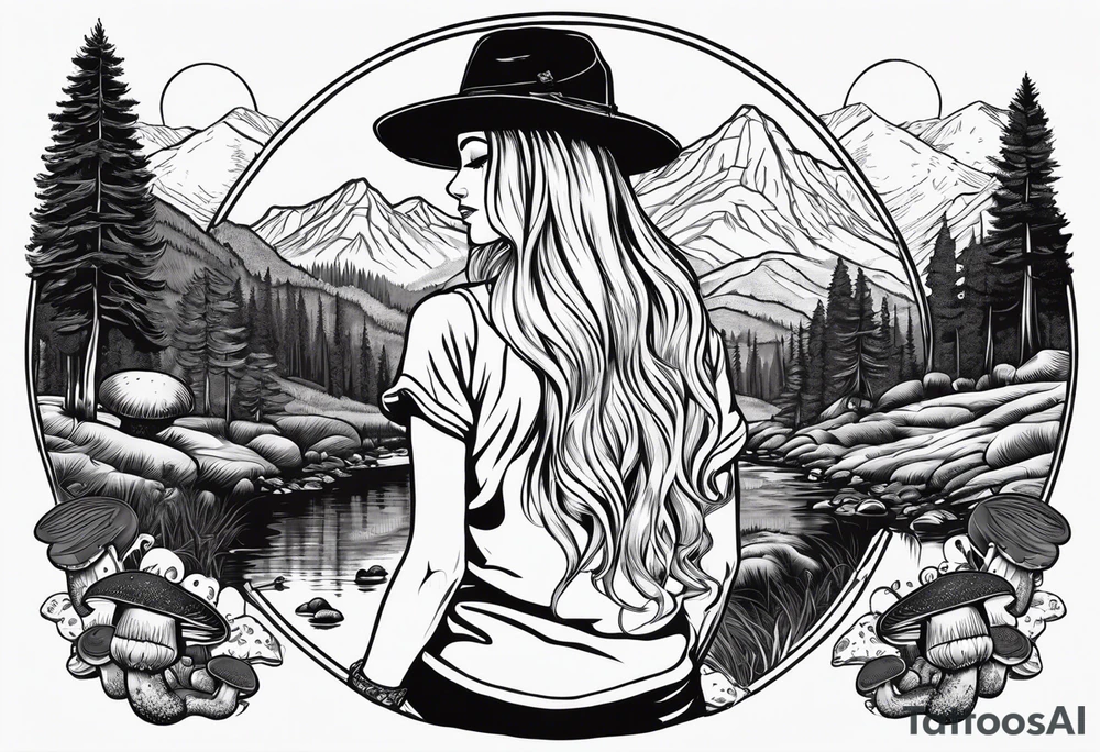 Whole picture encircled fully

Straight long blonde hair hippie girl in distance holding mushrooms in hand facing away toward mountains and creek surrounded by mushrooms long sleeve shirt and hiking pants; whole rendering within a full circle, no cut off circle tattoo idea