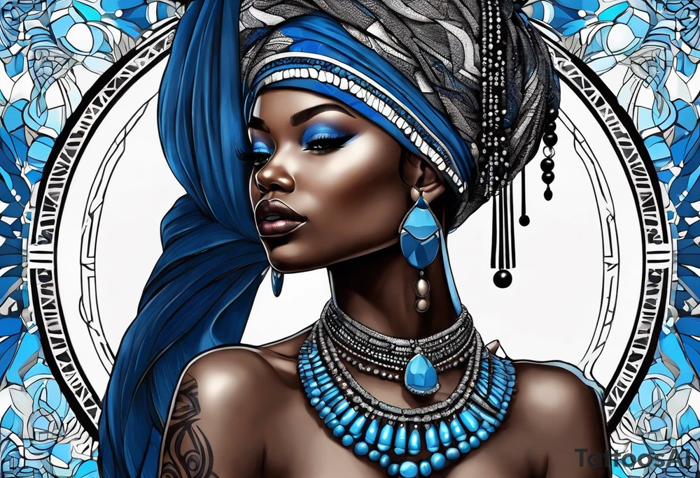 mulher iemanjá africana em preto e cinza com conchas e pérolas, fundo da imagem com tons de azul tattoo idea
