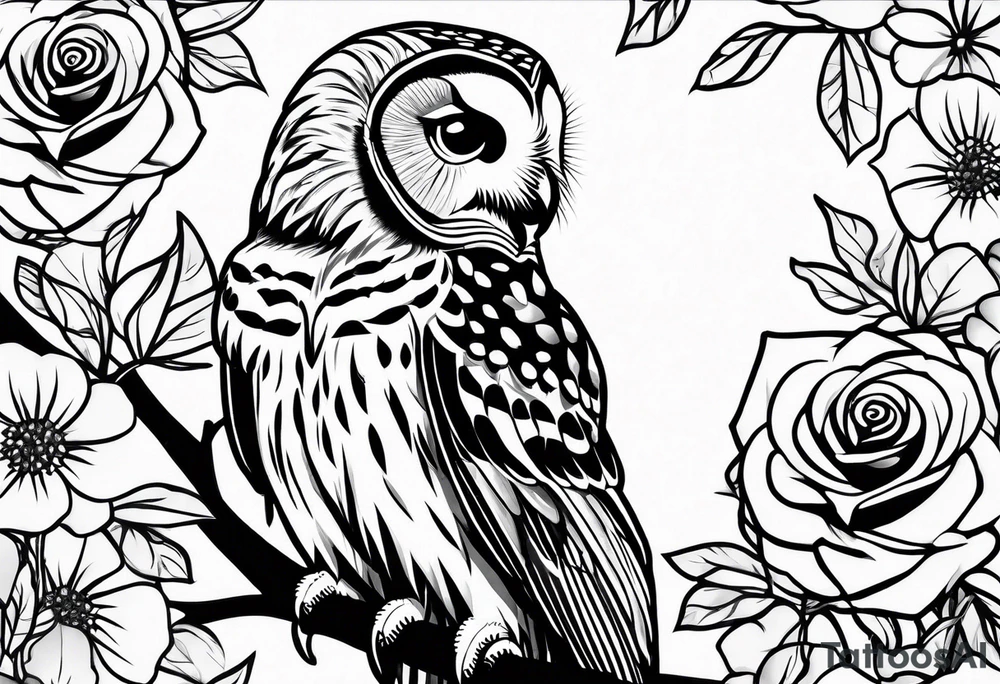 Barred owl with a single rose tattoo idea