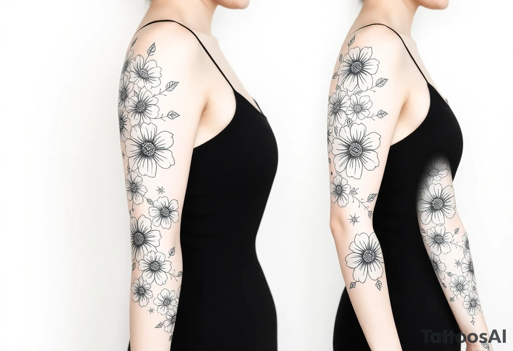 Doodles full sleeve with flowers. Not perfect lines. Abstract. Artistic. Unique tattoo idea