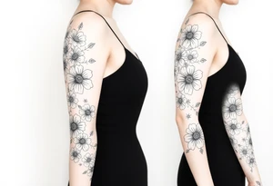 Doodles full sleeve with flowers. Not perfect lines. Abstract. Artistic. Unique tattoo idea