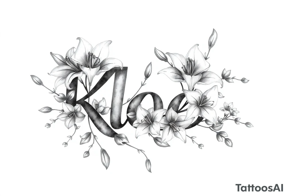 The word Kloee surrounded by big
lilies with the vines in letters tattoo idea