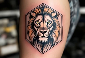 A Czech lion inside a hexagonal frame, combining realism and modern minimalism, with subtle Czech national colors. tattoo idea