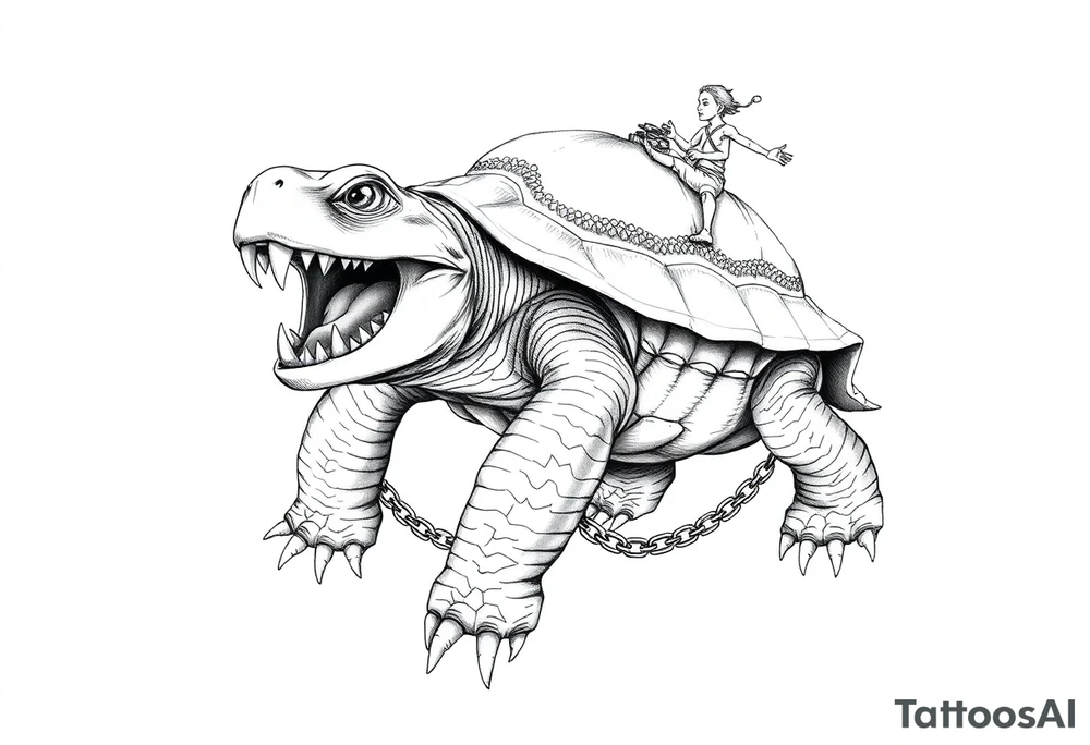 slaves on a chain leash and chains on the back legs of an angry turtle with huge teeth with a little man riding on his back tattoo idea