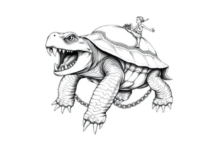 slaves on a chain leash and chains on the back legs of an angry turtle with huge teeth with a little man riding on his back tattoo idea