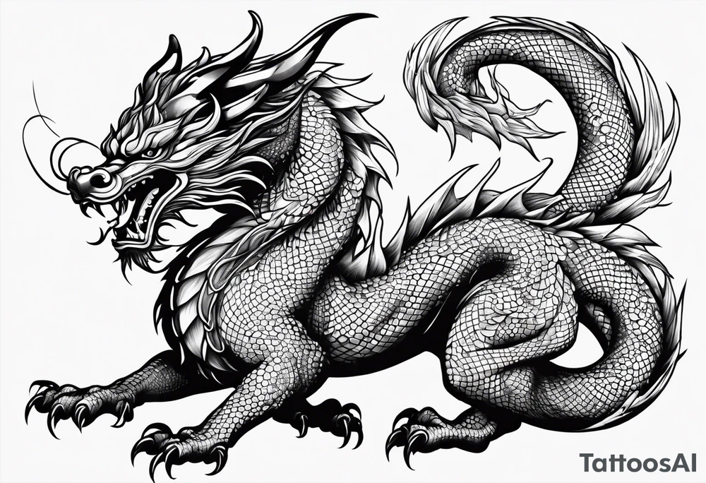 Fierce Chinese dragon black outline full body holding orb tattoo idea