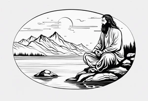 a meditating long haired man by the mountain river tattoo idea