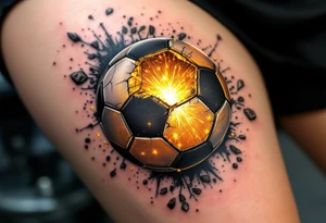 A cracked soccer ball with golden light spilling from inside like a treasure. tattoo idea