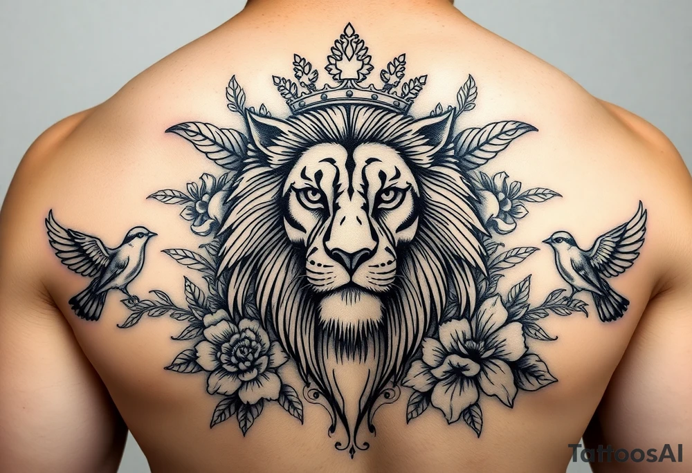powerful majestic lion with a crown, surrounded by floral ornaments and birds tattoo idea