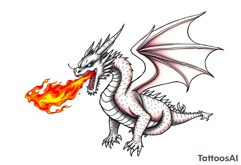 fierce dragon breathing iridescent fire against stormy skies tattoo idea