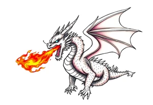 fierce dragon breathing iridescent fire against stormy skies tattoo idea