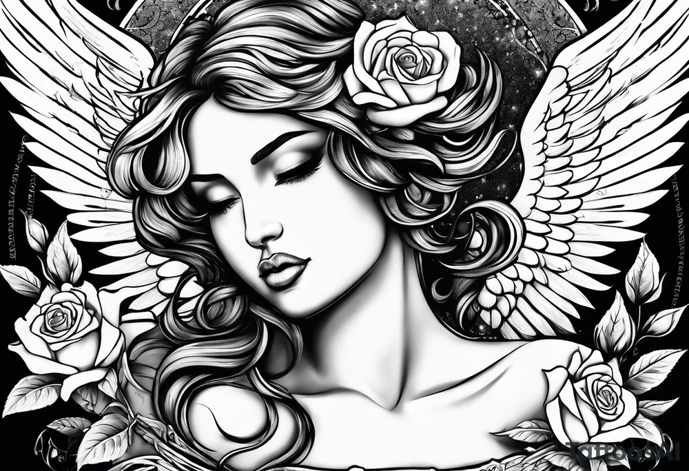 Angel, roses, name MARTINA tattoo idea