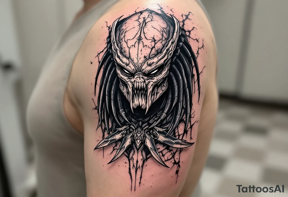 Super Predator Gladiator – A Yautja engineered for arena combat, with reinforced, plate-like exoskeleton skin, heavier war armor, and trophy blades fused into its gauntlets. Its mask resembles a demonic beast from Yautja mythology. tattoo idea