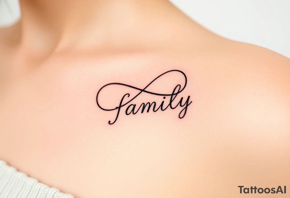 A flowing infinity symbol intertwined with the word "family" written in elegant cursive, symbolizing endless love and connection tattoo idea