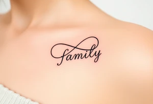 A flowing infinity symbol intertwined with the word "family" written in elegant cursive, symbolizing endless love and connection tattoo idea