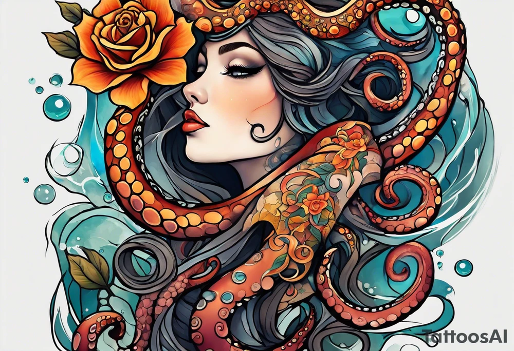 abstract gender-neutral Octopus Arm Sleeve tattoo with subtle facial features, a small rose, water swirls, rocks, underwater features in fall colors tattoo idea