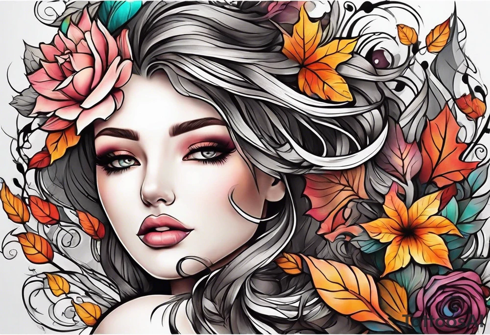 Full arm sleeve with fall colors, flowers, water, leaves and various shapes tattoo idea