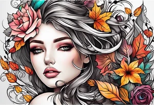 Full arm sleeve with fall colors, flowers, water, leaves and various shapes tattoo idea