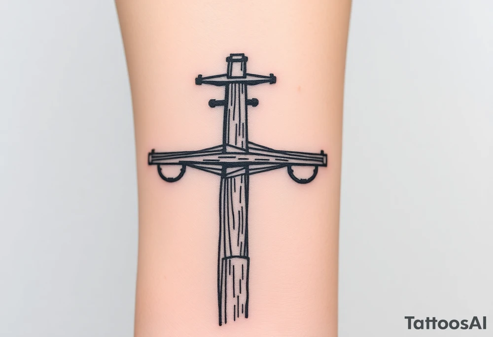 a wooden 12kv distribution pole with electrical lines. Make the pole a cross that has a hidden resemblance to god. tattoo idea