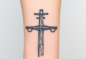 a wooden 12kv distribution pole with electrical lines. Make the pole a cross that has a hidden resemblance to god. tattoo idea