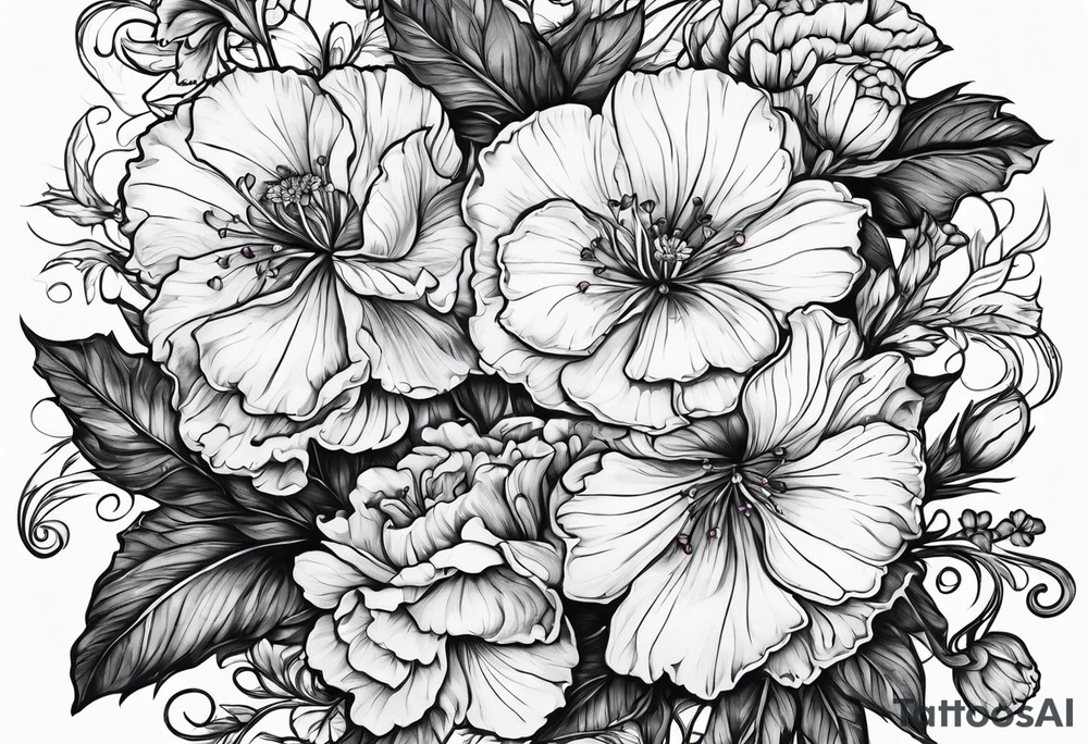 Violet and carnation flowers drawn like wild flowers and the letters SJS tattoo idea
