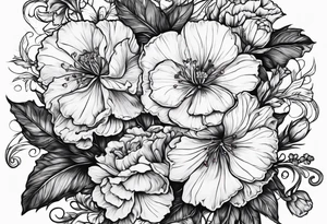 Violet and carnation flowers drawn like wild flowers and the letters SJS tattoo idea