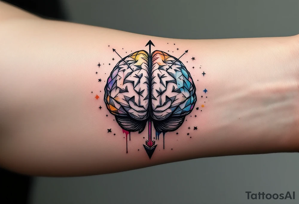 A front-seen brain in geometric and straight lines, with few watercolor details but mostly black, symbols representing intelligence flying arround, the phrase "Aut inveniam viam aut faciam" and a detailed arrow crossing from above with watercolors leaking from its tip tattoo idea