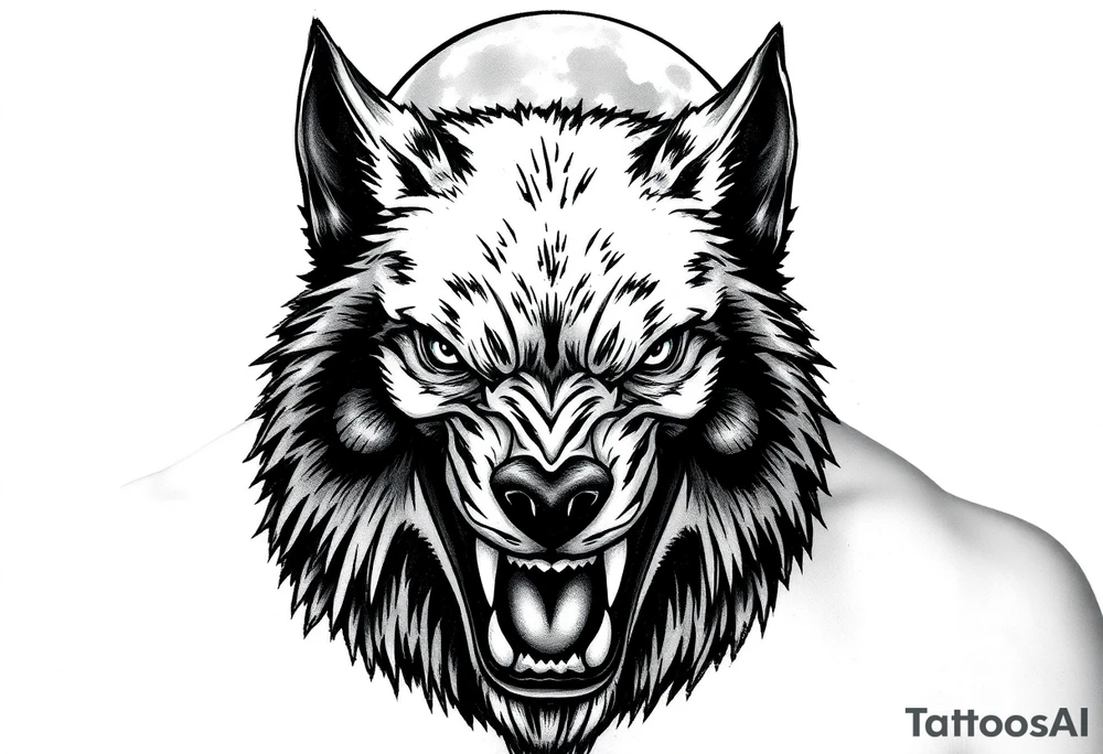 Close-up portrait of a snarling werewolf's face under a luminous full moon. tattoo idea