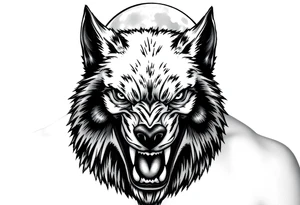 Close-up portrait of a snarling werewolf's face under a luminous full moon. tattoo idea