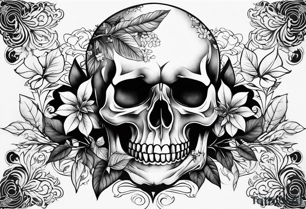 Skull and bones with leafs forearm tattoo idea