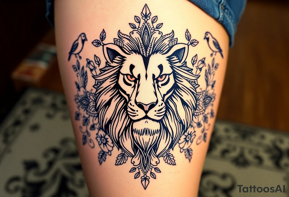 powerful majestic lion with a crown, surrounded by floral ornaments and birds tattoo idea