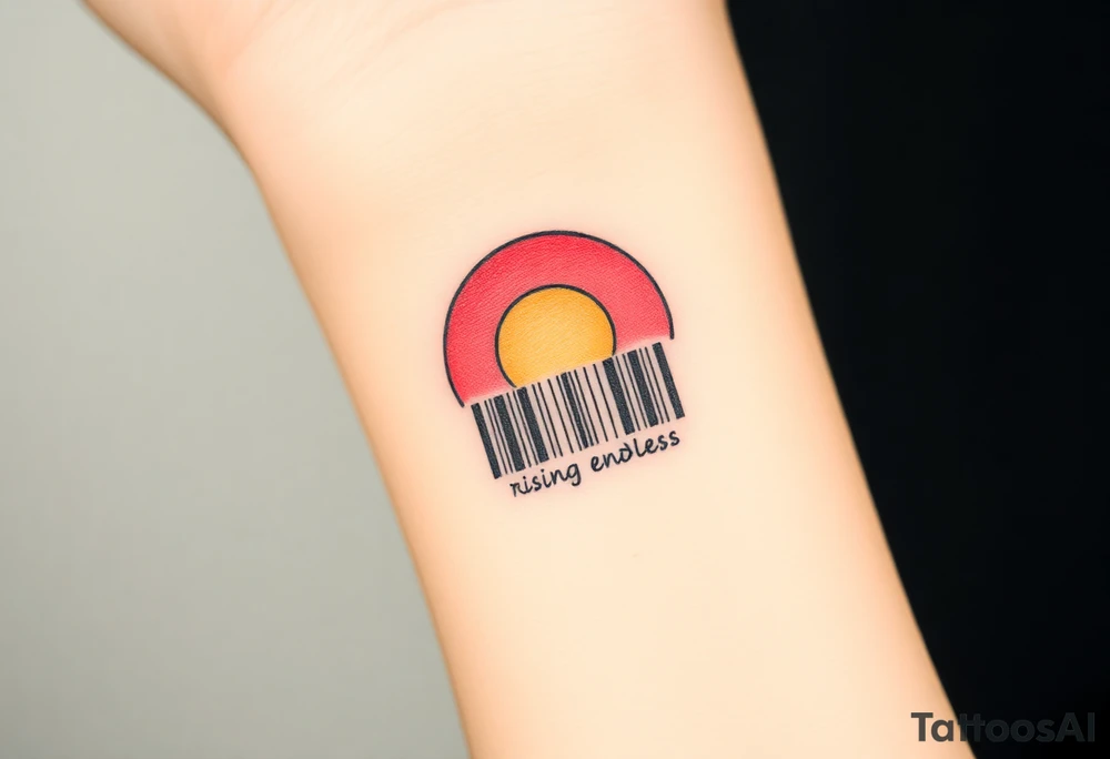 A barcode that transitions into a rising sun in red, orange and pink color saying rising endlessly tattoo idea