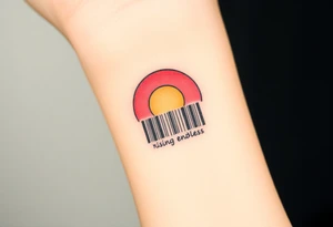 A barcode that transitions into a rising sun in red, orange and pink color saying rising endlessly tattoo idea