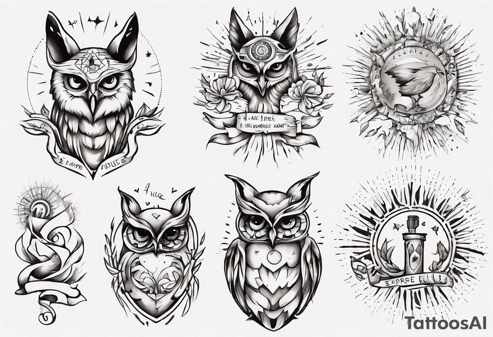 halb 
Fuchs halb Eule unter der Sonne mit dem Schriftzug Sapere Aude tattoo idea