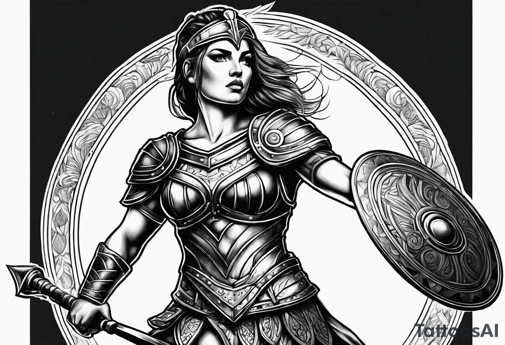 Female gladiator full body black background tattoo idea