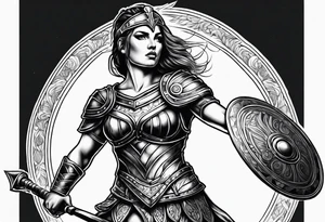 Female gladiator full body black background tattoo idea