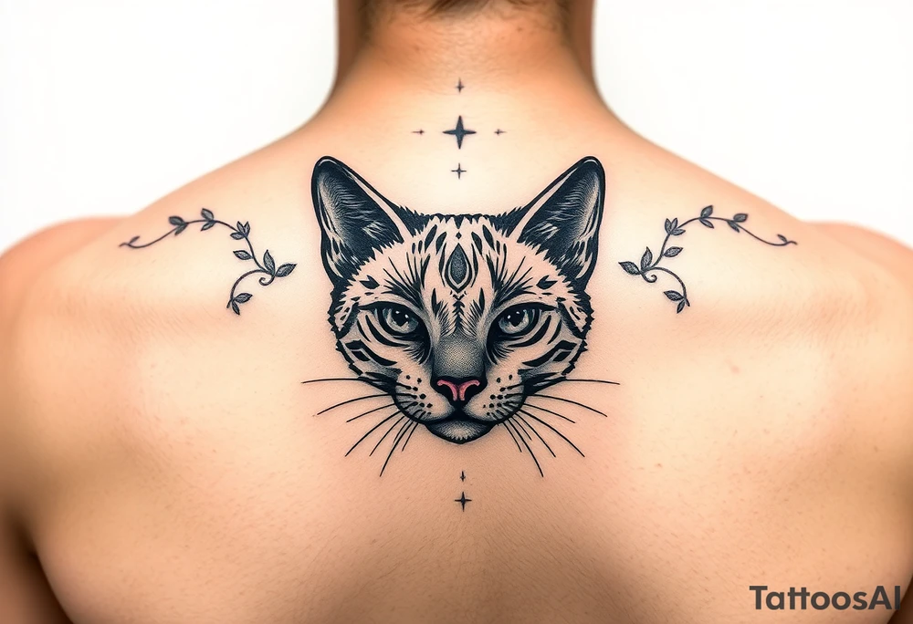 faça uma tatuagem vertical para costas feminina delicada, contendo gato preto, prosperidade, família, espiritualidade e amor tattoo idea