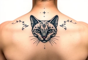 faça uma tatuagem vertical para costas feminina delicada, contendo gato preto, prosperidade, família, espiritualidade e amor tattoo idea