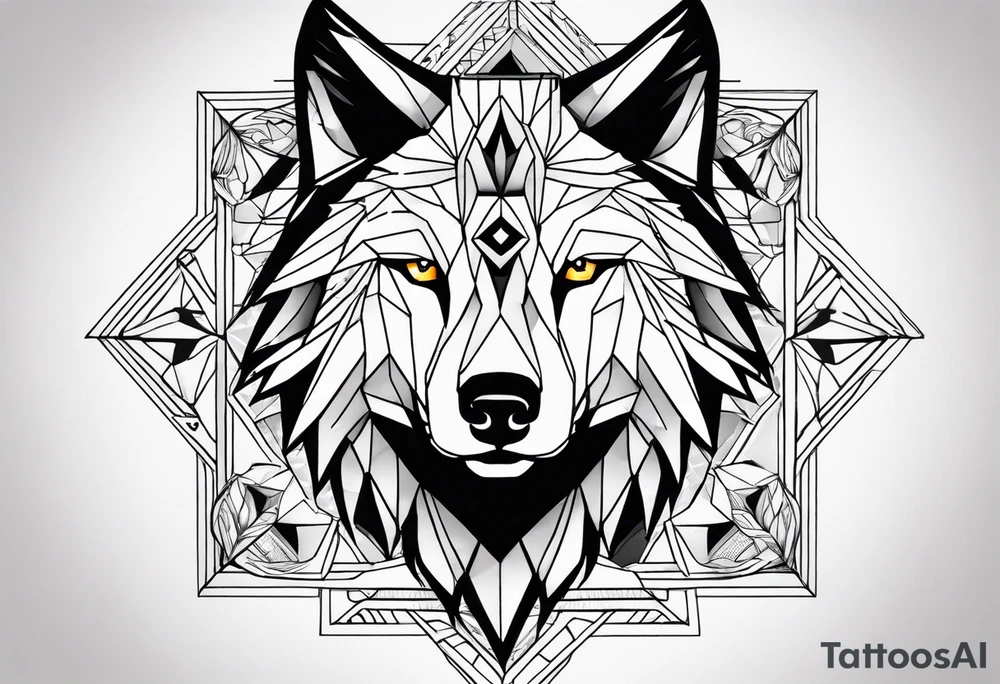 with a geometric wolf and a pattern around it tattoo idea