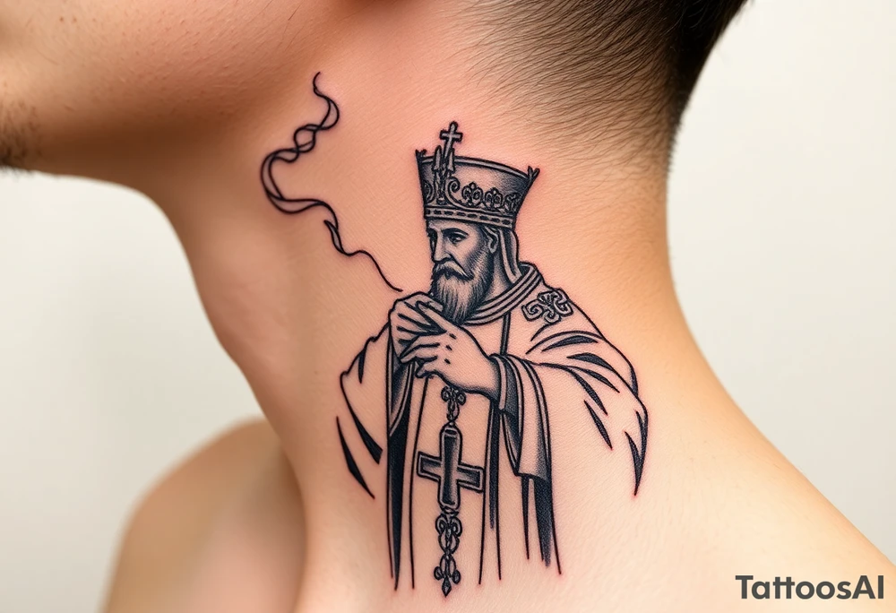 Russian Orthodox Priest in a fully detailed gold vestment swinging a censer with smoke curling upward tattoo idea