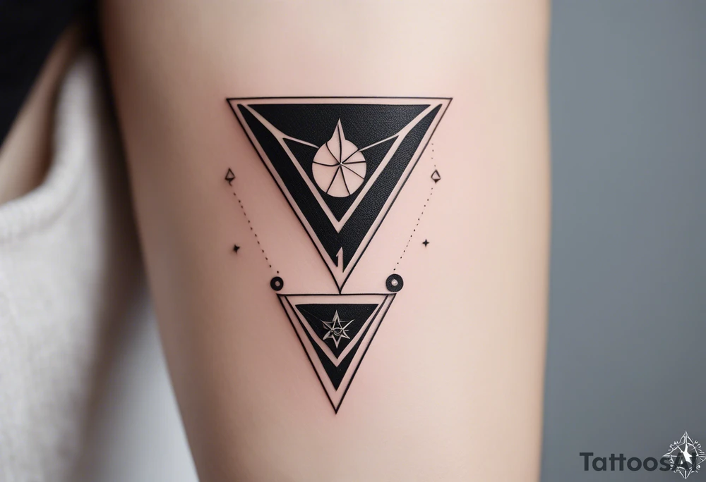 “Generate a minimalist tattoo design with three filled-in shapes arranged in a triangle formation. The top shape should be a geometric heart representing health, the bottom left a compass rose symbolizing purpose, and the bottom right three circles forming a triangle to signify family. The design should focus solely on the filled-in shapes without any additional ornaments, emphasizing simplicity and clean lines.” tattoo idea