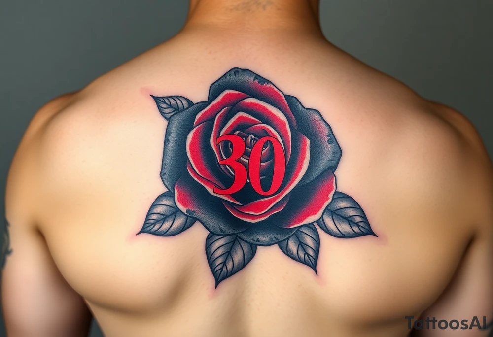 Black rose with number 30 in red ink in the middle of rose tattoo idea