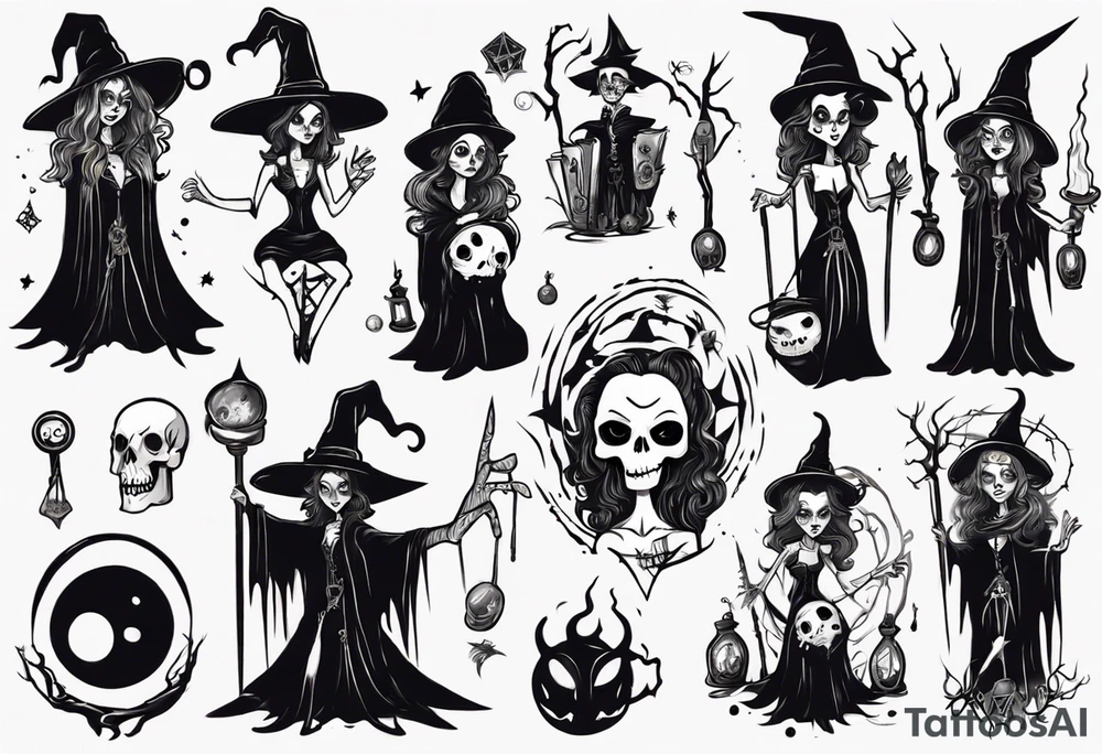 a Tim Burton-style witch necromancer tattoo idea