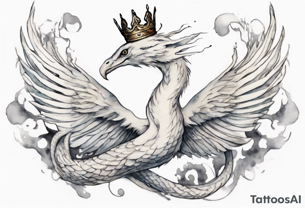 a white bird-serpent hybrid, wearing a small crown, flying in the air tattoo idea