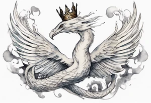 a white bird-serpent hybrid, wearing a small crown, flying in the air tattoo idea